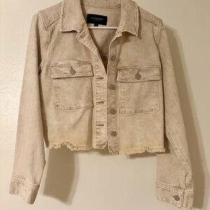 Liverpool Cropped Cream Jean Jacket with Frayed Hem